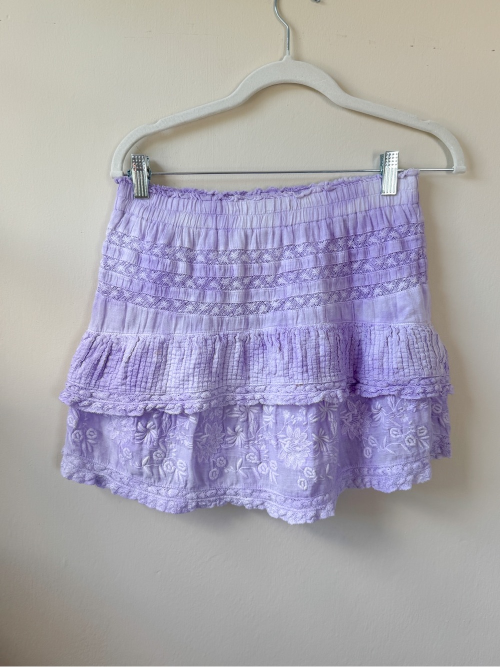 LoveShackFancy Lavender Tiered Eyelet Mini Skirt